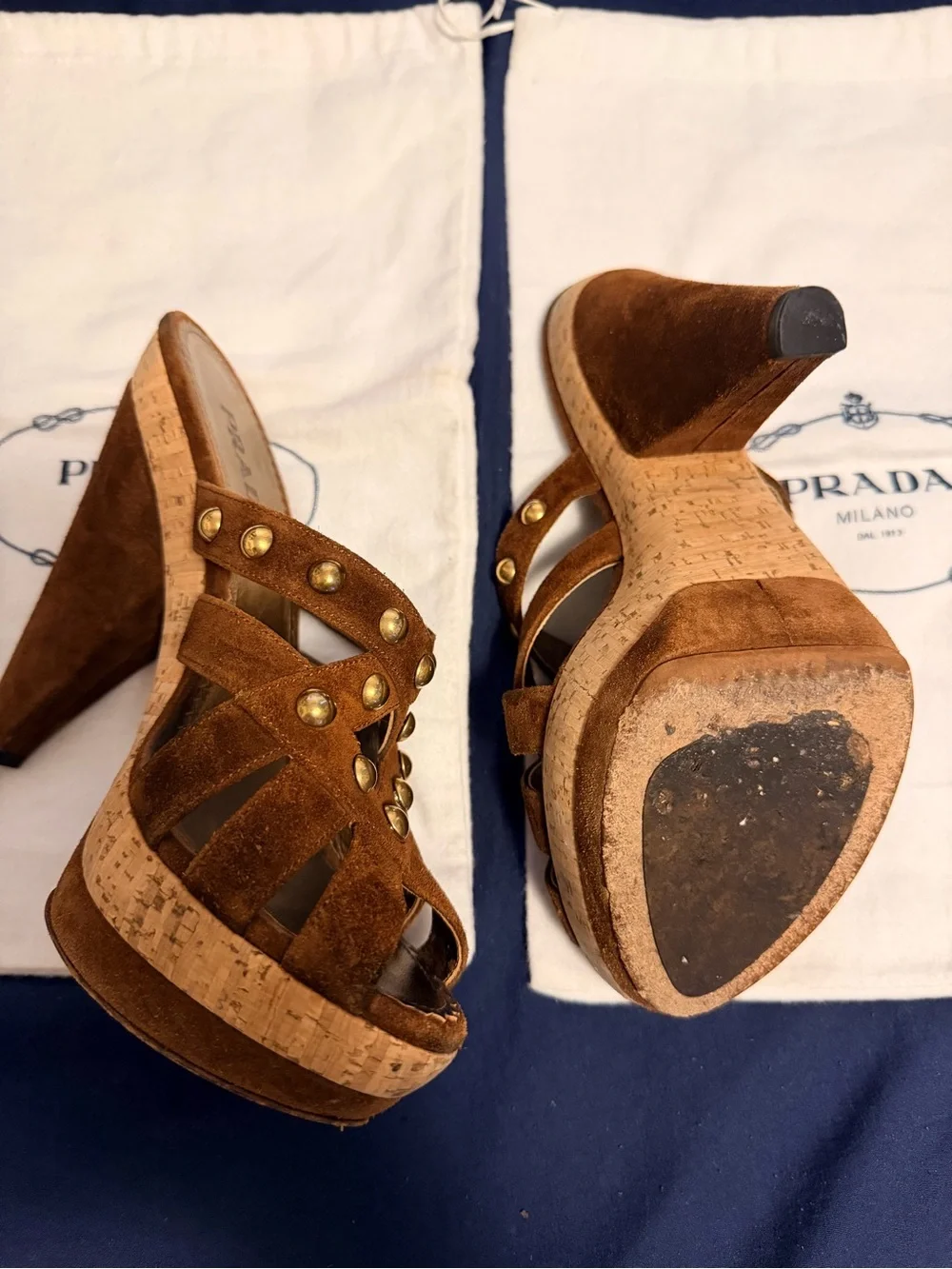 Prada Brown Suede Cork Wedge Sandals with Gold Studs